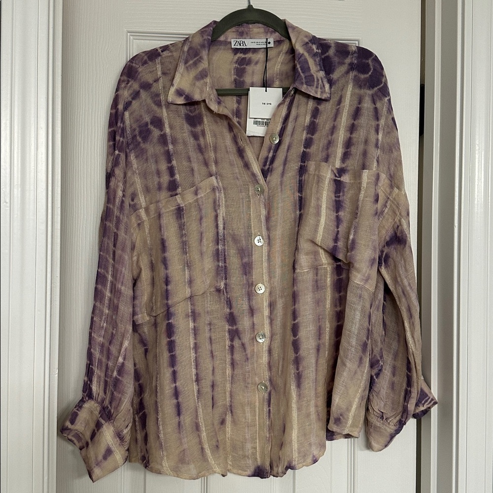 Zara Tie Dye Purple Linen Button-Up Shirt